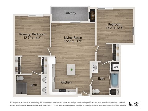 Floor plan for 2 beds, 2 baths, 1295 sqft